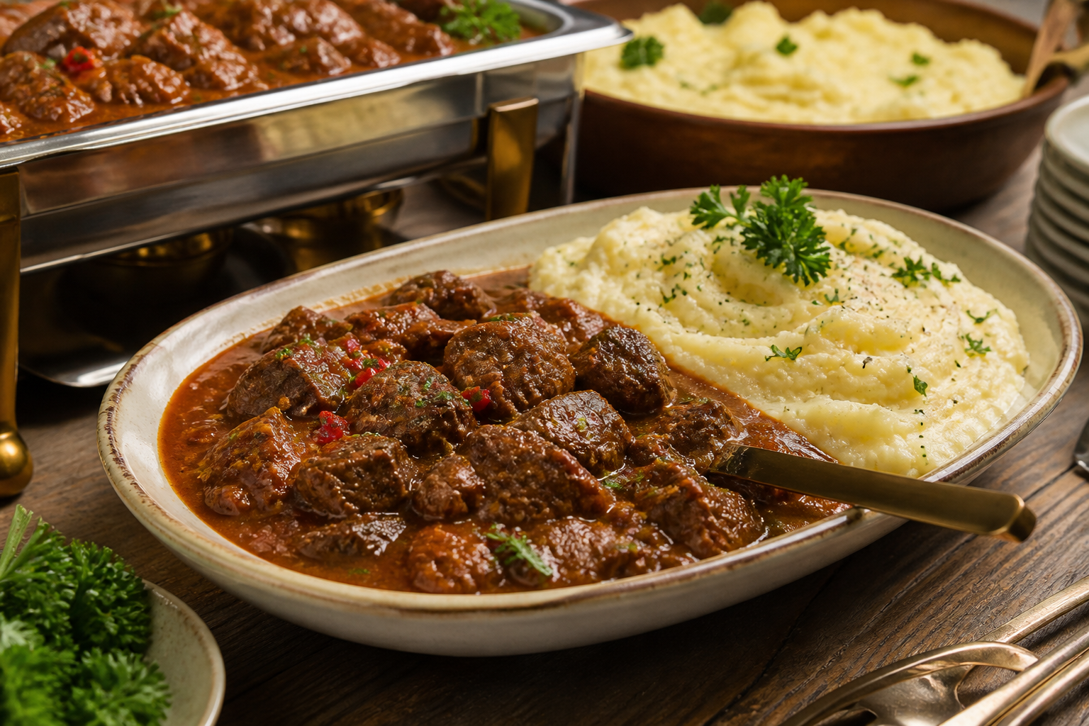 Beef goulash served with mashed potatoes