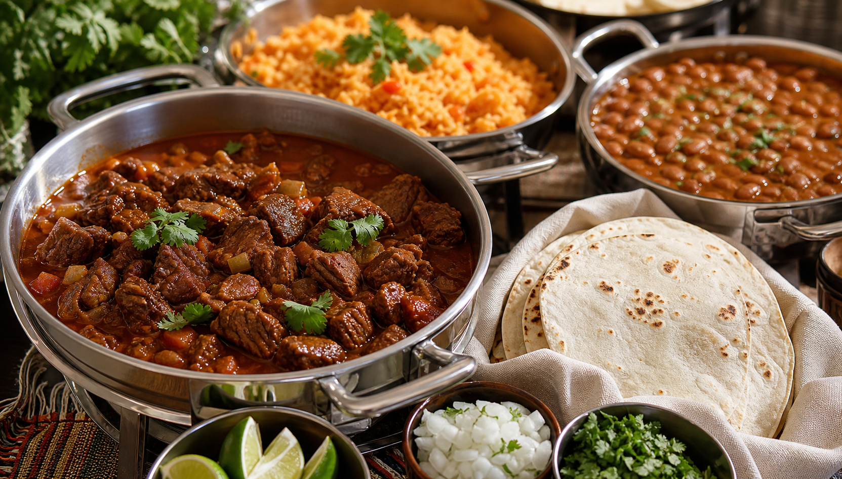 Carne guisada buffet with rice, beans, and tortillas