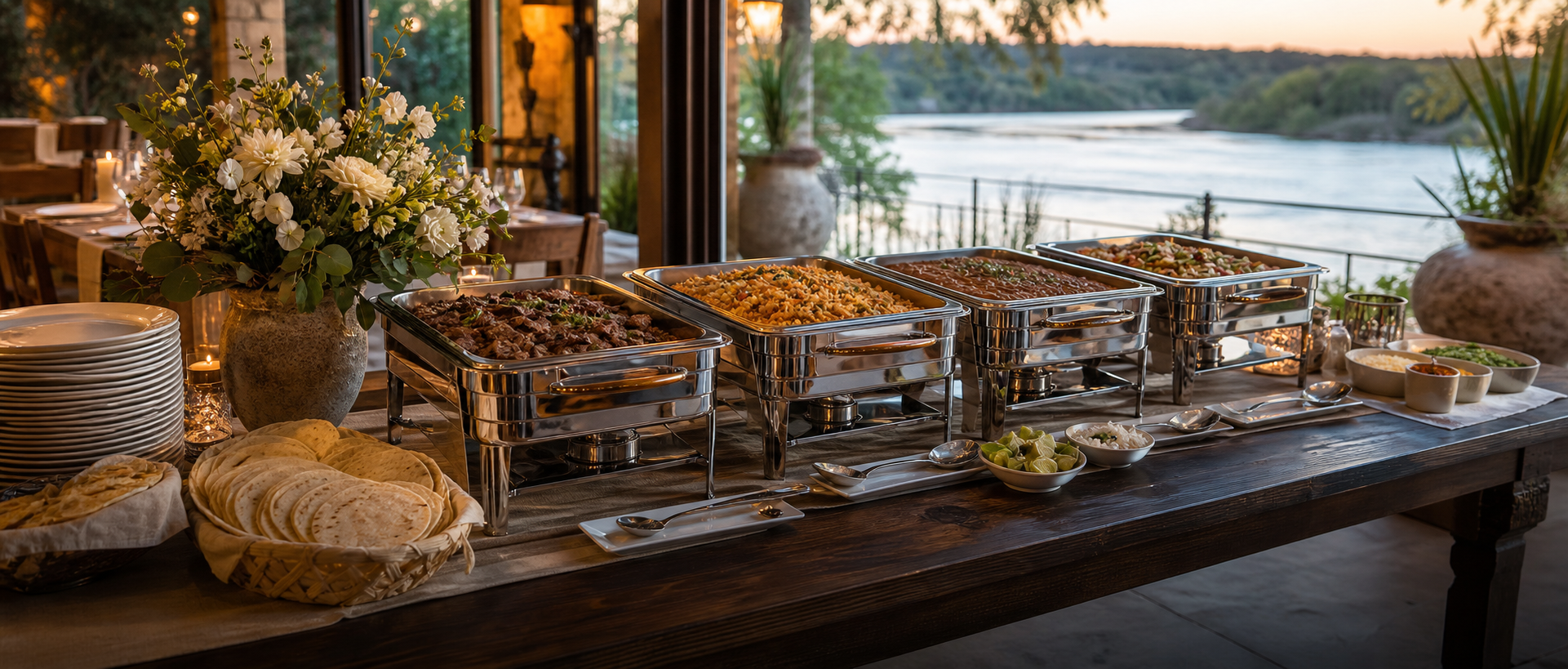 Elegant catered buffet table with fresh dishes and warm event lighting